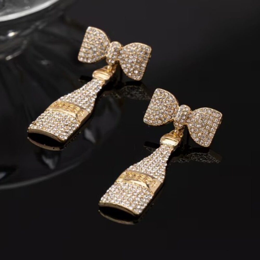 Gold Rhinestone “Champagne & Bows” Statement Dangle Earrings (NEW &‎ SO CUTE!)